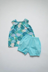 Компл.2 пр.:блузка-рукава-фонарики,шорты с резинкой, Гортензия/Бирюзовый