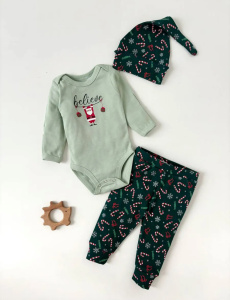 Новогодний комплект "Карамельки" (шапочка, боди, штанишки), зеленый