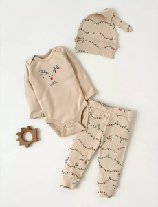 Новогодний комплект "Фонарики" (шапочка, боди, штанишки), кремовый